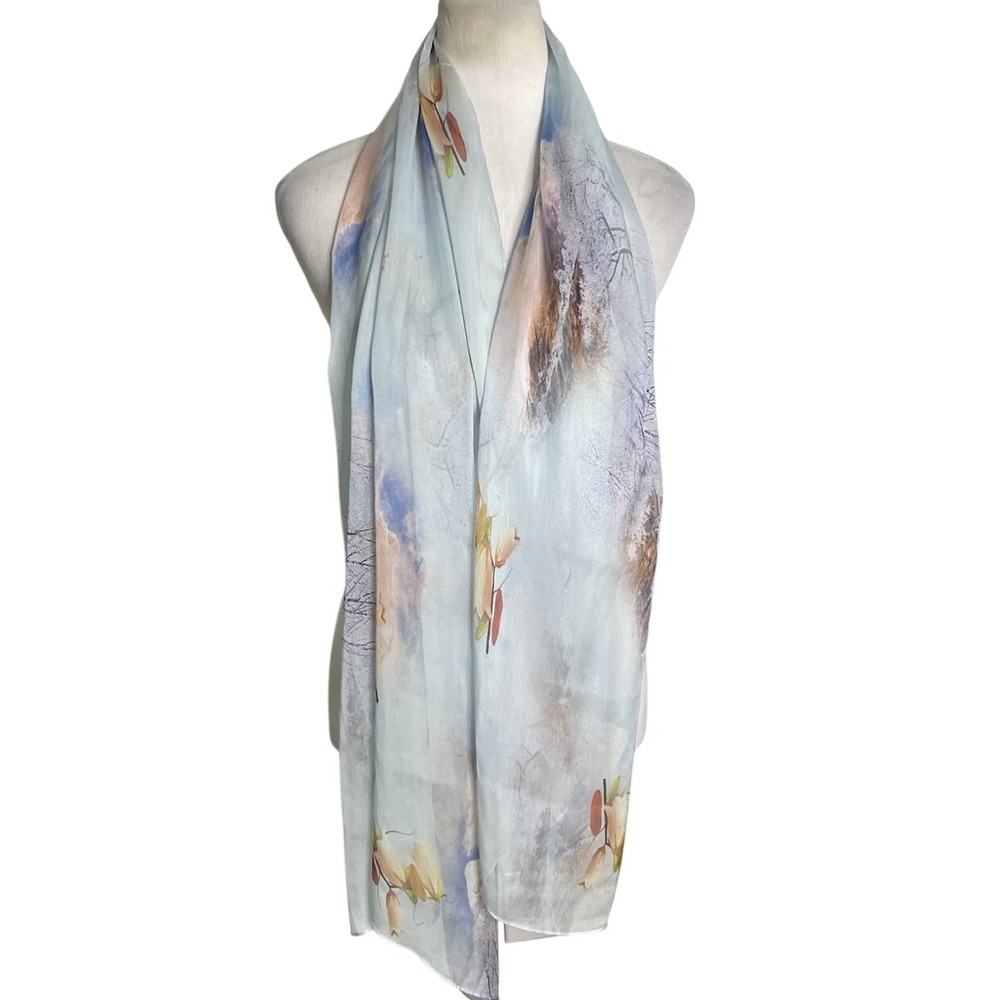 Wsilk Blue Watercolor Floral Silk Scarf 100% Silk 27x 69